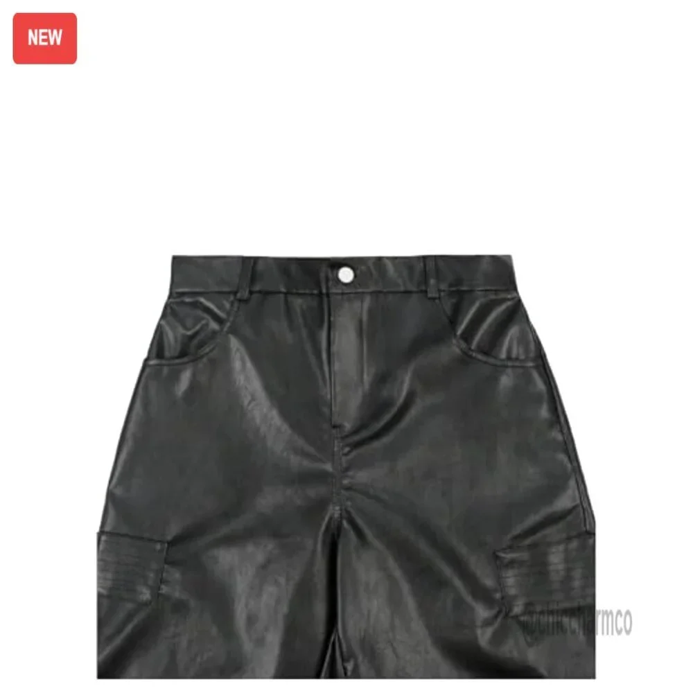 Men's Faux Leather Cargo Pants Wide Leg Baggy Streetwear Trousers - Picture 4 of 5